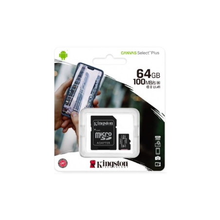 MEMORIA MICROSD KINGSTON CANVAS SELCT PLUS 64GB R.100MB/S CL10 UHS-I U1 V10 A1