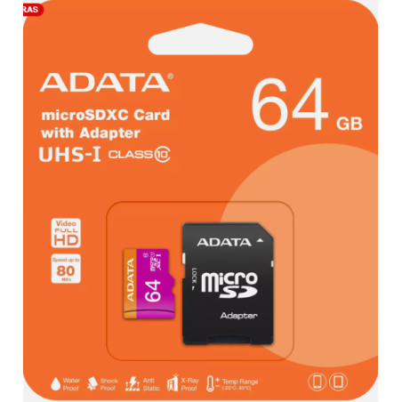 Memoria Micro SD ADATA UHS-I U1, 64 GB, 30 MB/s, 10 MB/s, Negro